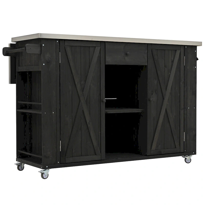 Outdoor Kitchen Island, Rustic Fir Wood with Stainless Steel Top and Smart Storage