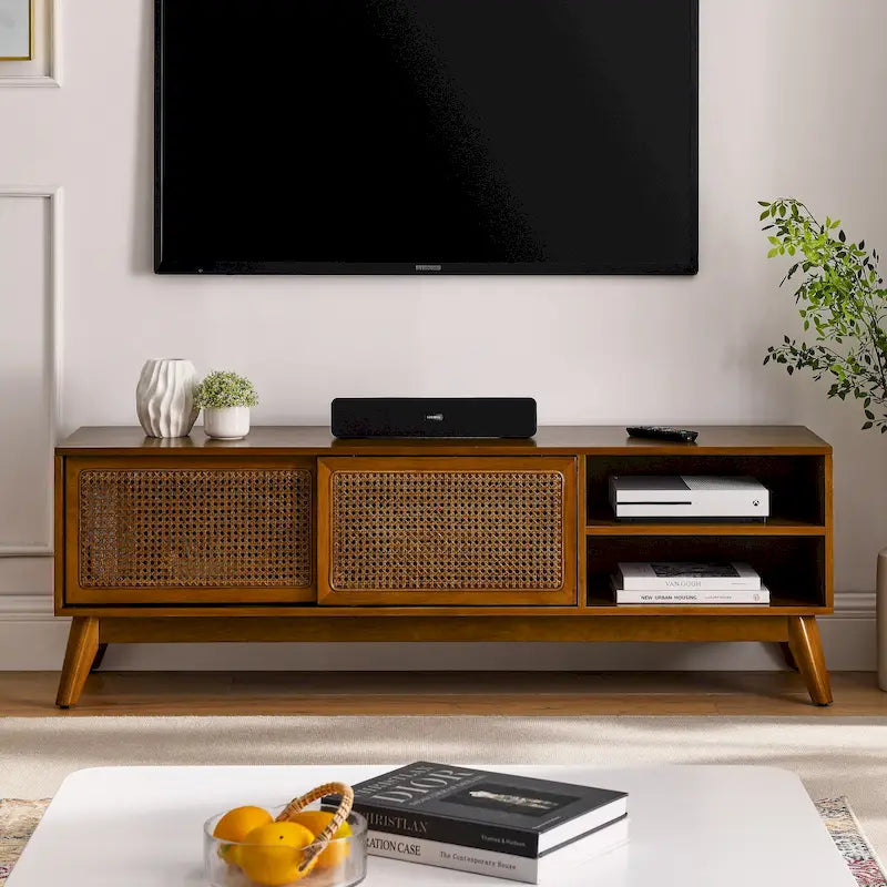 Vintage Rattan TV Cabinet with 2 Storage Cabinets and 4 Wooden Legs for Living Room Bedroom and Office