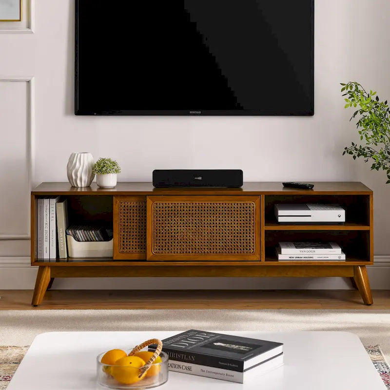 Vintage Rattan TV Cabinet with 2 Storage Cabinets and 4 Wooden Legs for Living Room Bedroom and Office