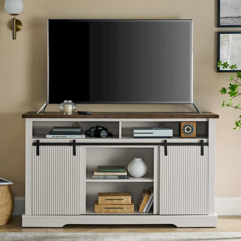 Rustic Sliding Barn Door TV Stand with Upper Lower Storage Shelf and Adjustable Shelves for Living Room