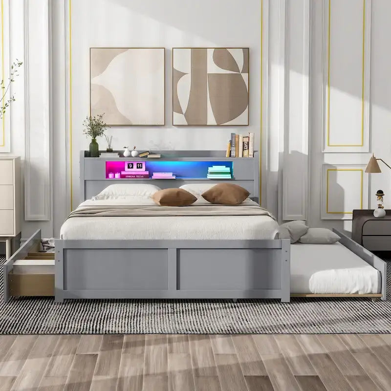 Queen Size Platform Bed with LED Lights & Trundle, Wood Storage Bed Frame with Headboard Shelf & 2 Drawers for Kids Teens Adults