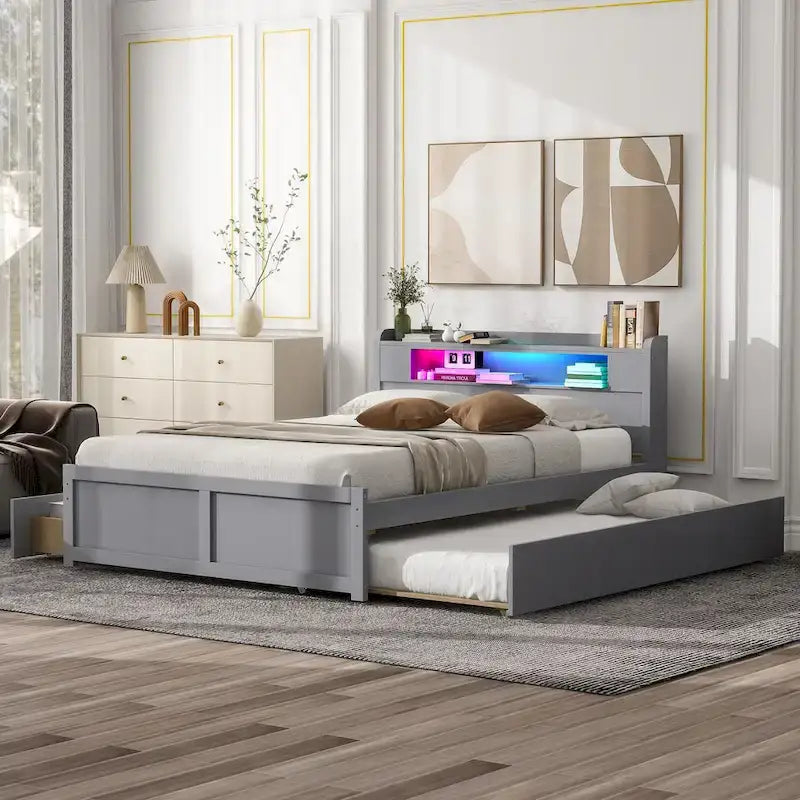Queen Size Platform Bed with LED Lights & Trundle, Wood Storage Bed Frame with Headboard Shelf & 2 Drawers for Kids Teens Adults