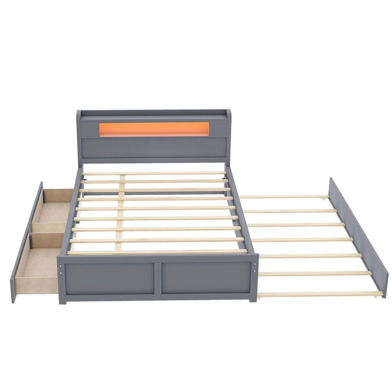 Queen Size Platform Bed with LED Lights & Trundle, Wood Storage Bed Frame with Headboard Shelf & 2 Drawers for Kids Teens Adults