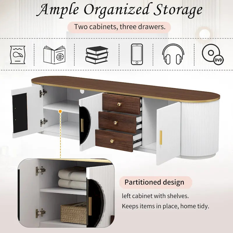 70.8 Floor Curved Storage TV Stand with 3 Drawers 3-Door Decorative TV Cabinet for TVs up to 80 Media Console Table