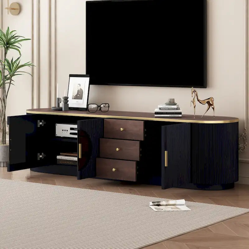 70.8 Floor Curved Storage TV Stand with 3 Drawers 3-Door Decorative TV Cabinet for TVs up to 80 Media Console Table