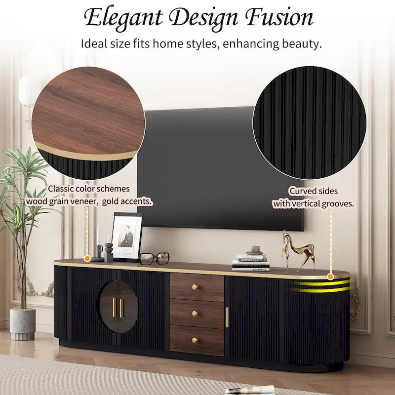 70.8 Floor Curved Storage TV Stand with 3 Drawers 3-Door Decorative TV Cabinet for TVs up to 80 Media Console Table