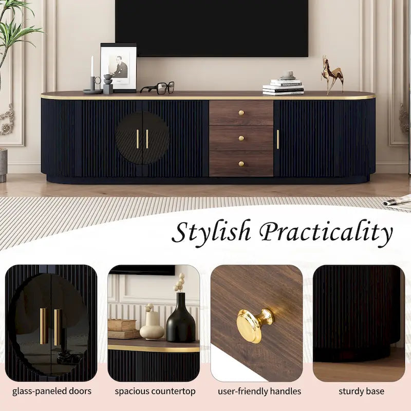 70.8 Floor Curved Storage TV Stand with 3 Drawers 3-Door Decorative TV Cabinet for TVs up to 80 Media Console Table