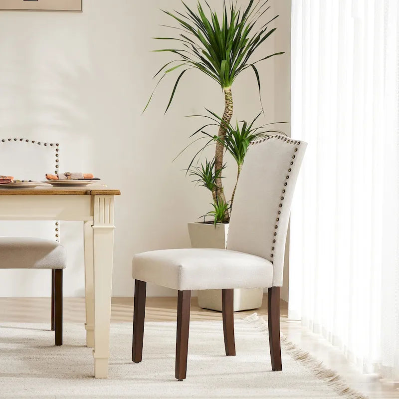 Dark Brown Leather Upholstered Dining Chair Set of 2 w/Nailhead Trim and Wood Legs for Dining Room