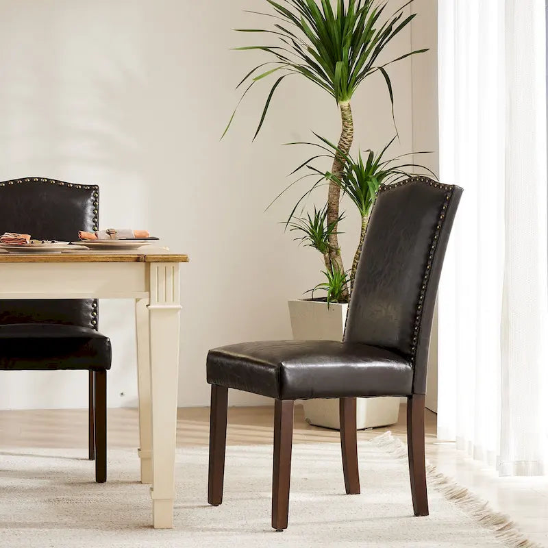 Dark Brown Leather Upholstered Dining Chair Set of 2 w/Nailhead Trim and Wood Legs for Dining Room