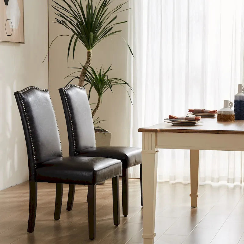 Dark Brown Leather Upholstered Dining Chair Set of 2 w/Nailhead Trim and Wood Legs for Dining Room