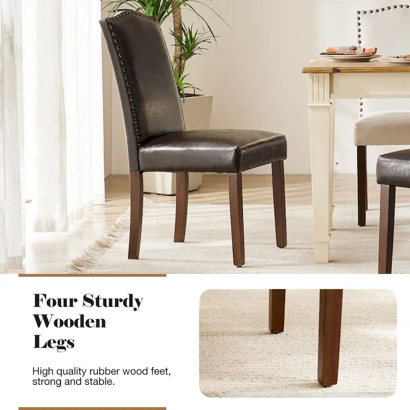 Dark Brown Leather Upholstered Dining Chair Set of 2 w/Nailhead Trim and Wood Legs for Dining Room