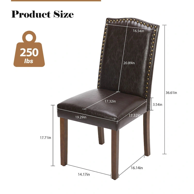 Dark Brown Leather Upholstered Dining Chair Set of 2 w/Nailhead Trim and Wood Legs for Dining Room
