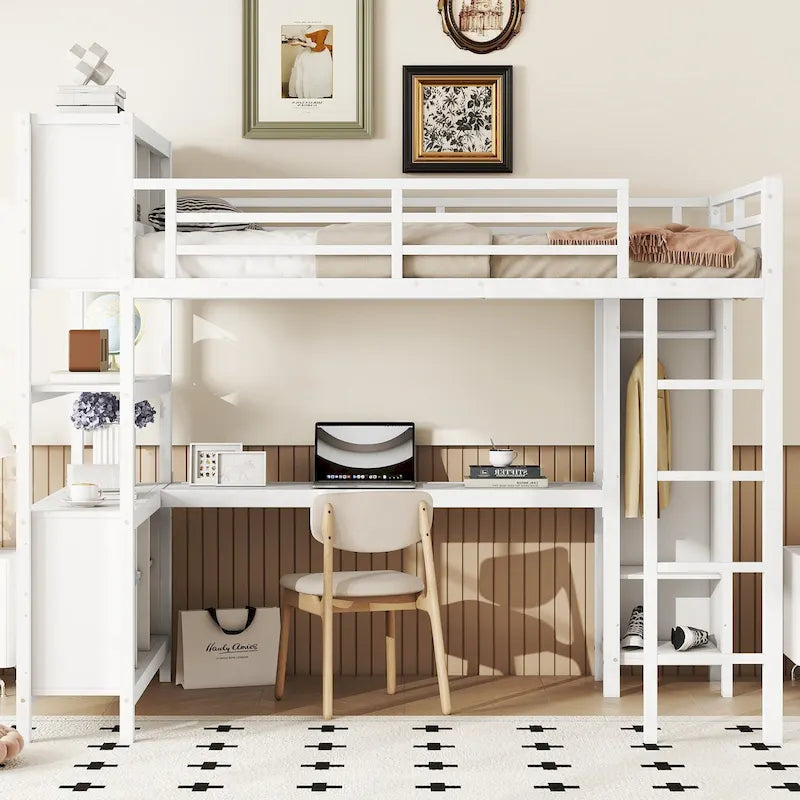 All-in-One Metal Loft Bed with L-Shaped Desk & Wardrobe, Bedrooms Bed Frame with Storage Cubes, Shelves, Full-Length Guardrails