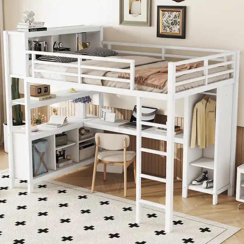 All-in-One Metal Loft Bed with L-Shaped Desk & Wardrobe, Bedrooms Bed Frame with Storage Cubes, Shelves, Full-Length Guardrails