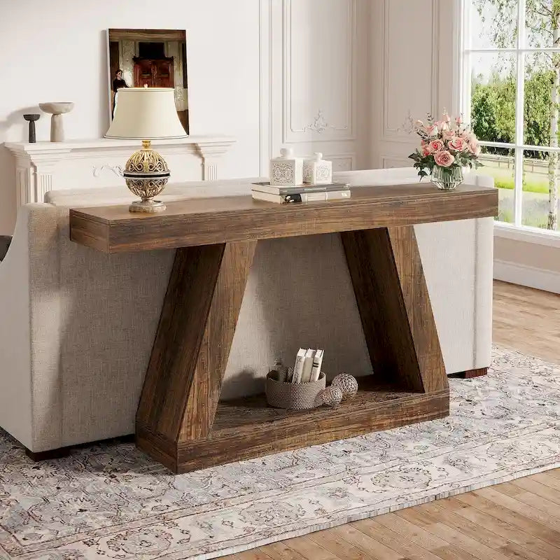 Brown Farmhouse Console Table - 55" with 2-Tier Shelves