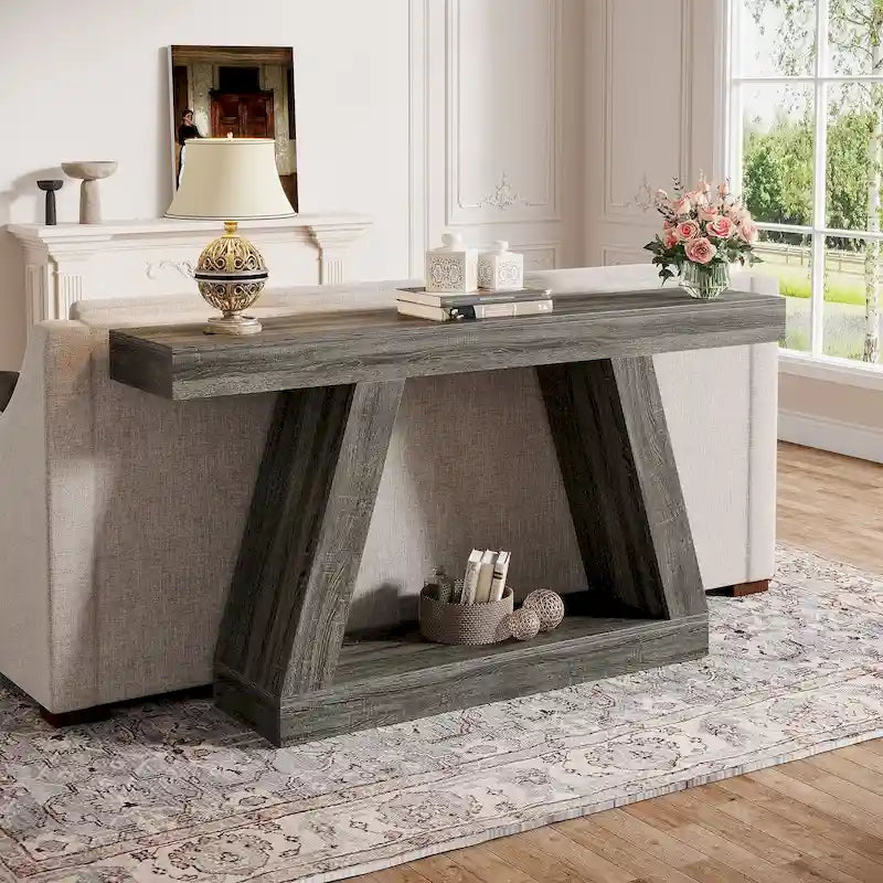 Brown Farmhouse Console Table - 55" with 2-Tier Shelves