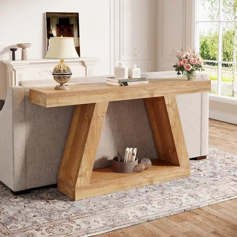 Brown Farmhouse Console Table - 55" with 2-Tier Shelves
