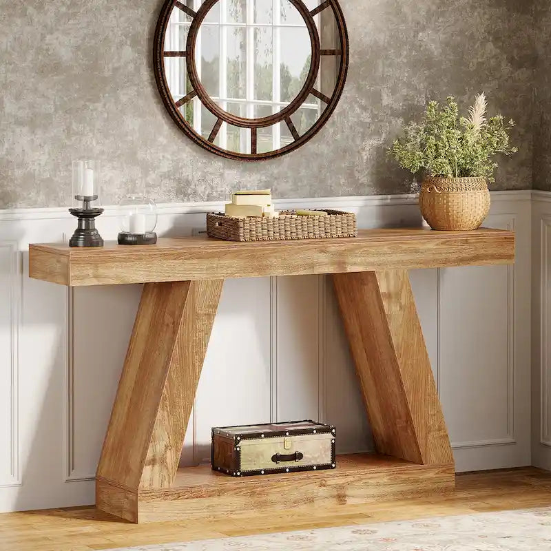 Brown Farmhouse Console Table - 55" with 2-Tier Shelves