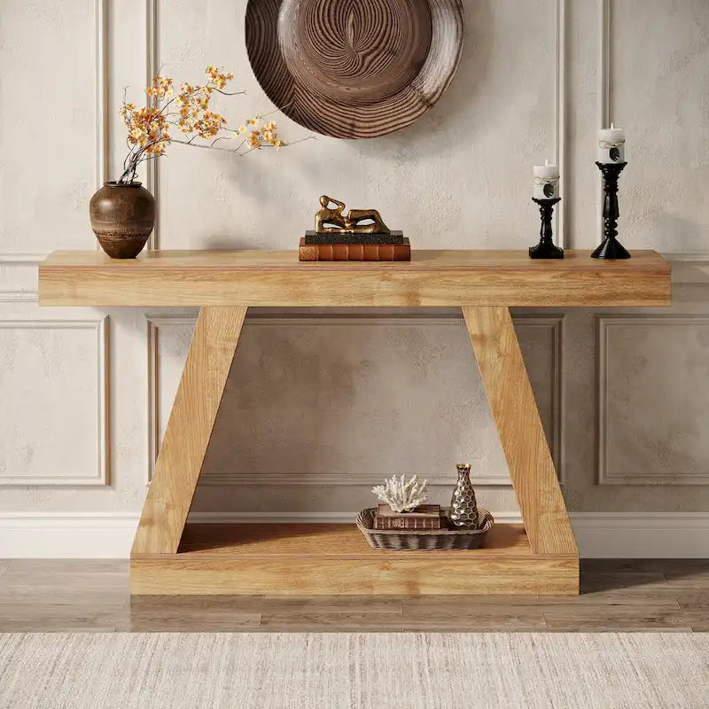 Brown Farmhouse Console Table - 55" with 2-Tier Shelves