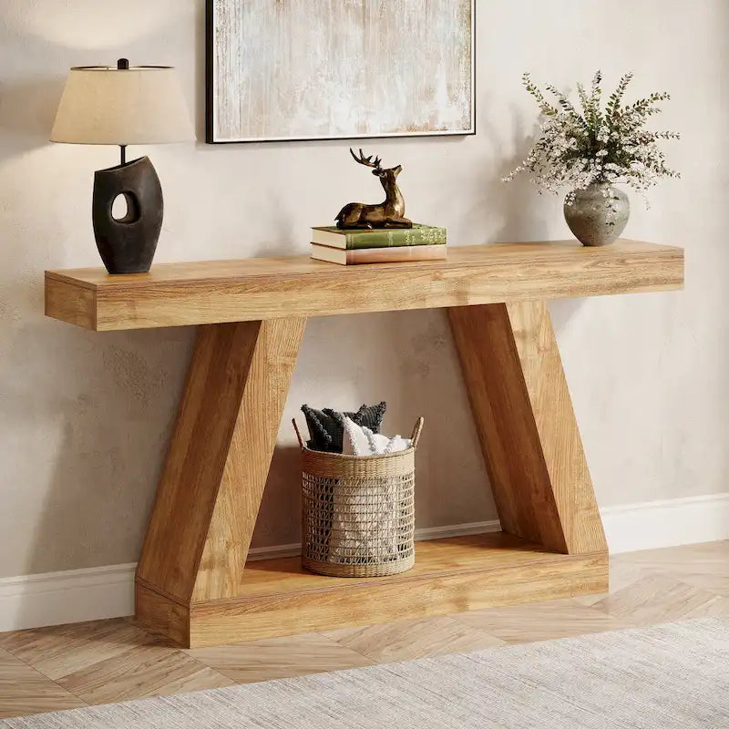 Brown Farmhouse Console Table - 55" with 2-Tier Shelves