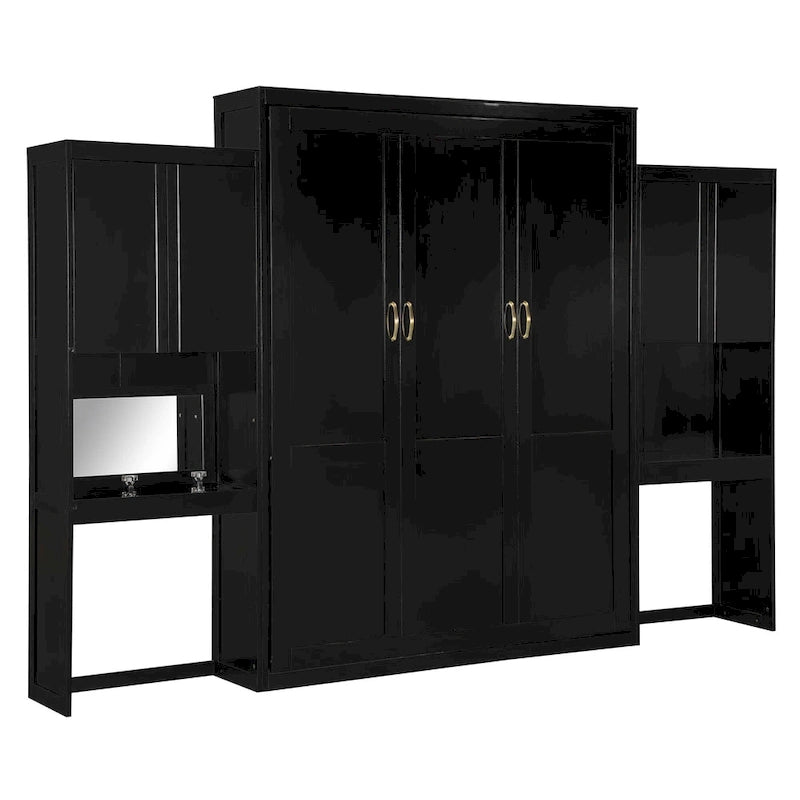 Queen Size Murphy Bed with Desk, Vanity and Cabinets, Espresso