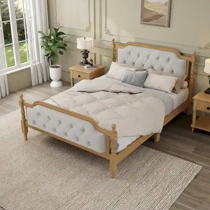 Full Size French Provincial Bed With Tufted Upholstered Headboard And Solid Pine Frame