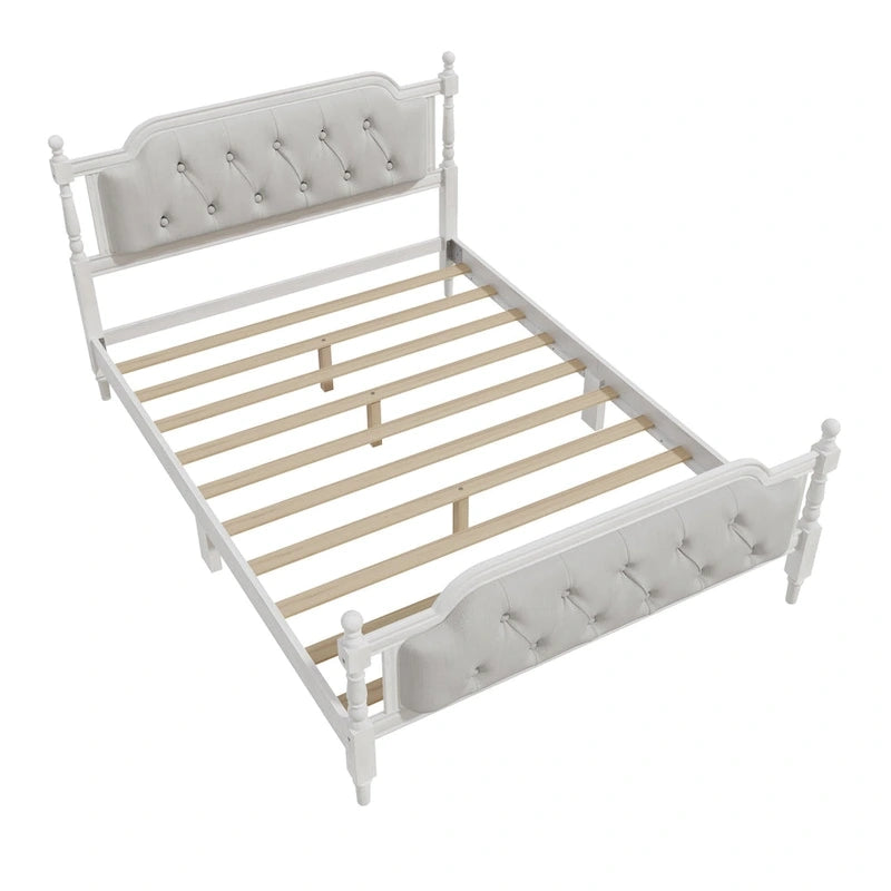 Full Size French Provincial Bed With Tufted Upholstered Headboard And Solid Pine Frame