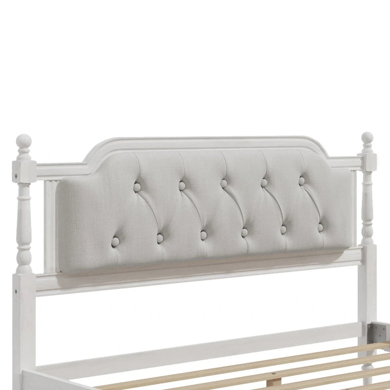 Full Size French Provincial Bed With Tufted Upholstered Headboard And Solid Pine Frame