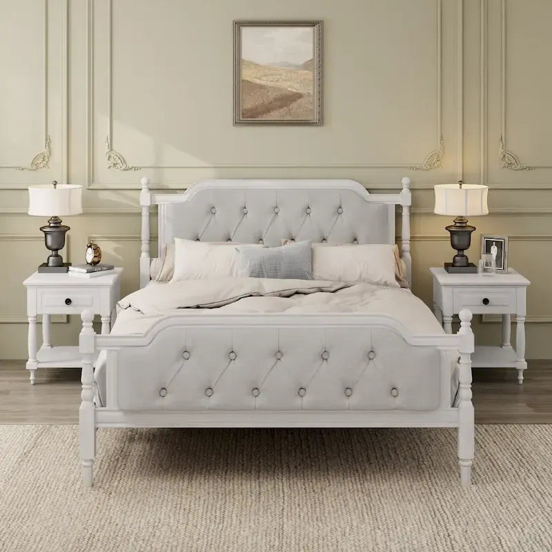 Full Size French Provincial Bed With Tufted Upholstered Headboard And Solid Pine Frame