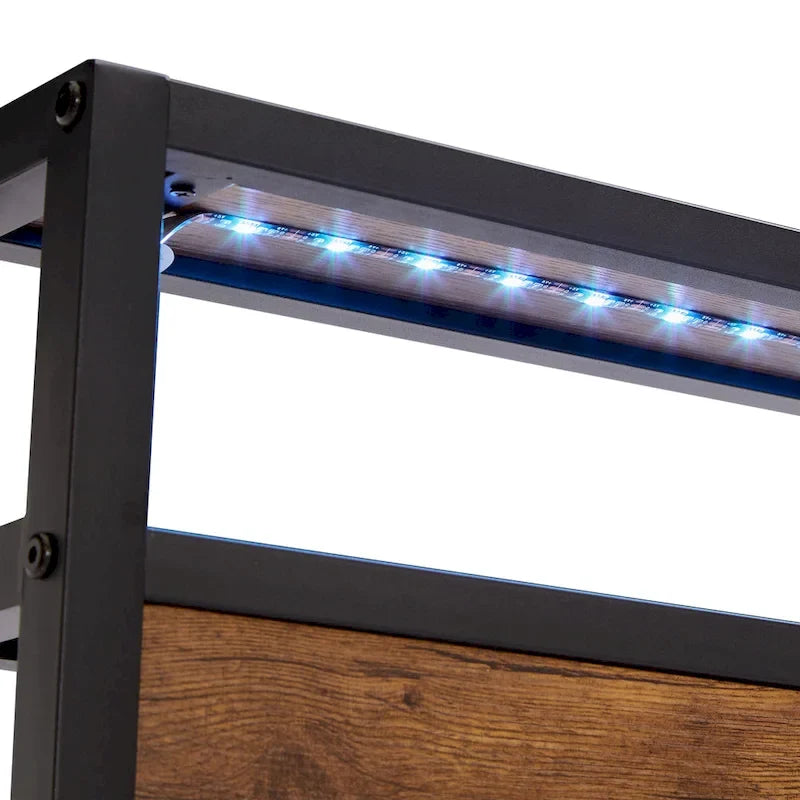 King Size Metal Platform Bed with LED Lights,Wooden Headboard and Two Drawers for Bedroom