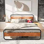 King Size Modern Metal Platform Bed with Upholstered Headboard and Charger