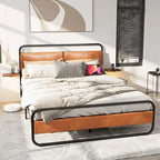 King Size Modern Metal Platform Bed with Upholstered Headboard and Charger