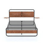 King Size Modern Metal Platform Bed with Upholstered Headboard and Charger