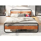 King Size Modern Metal Platform Bed with Upholstered Headboard and Charger