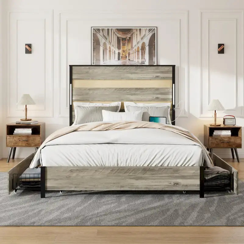 Queen Size Metal Platform Bed with Charging Station and 4 Drawers
