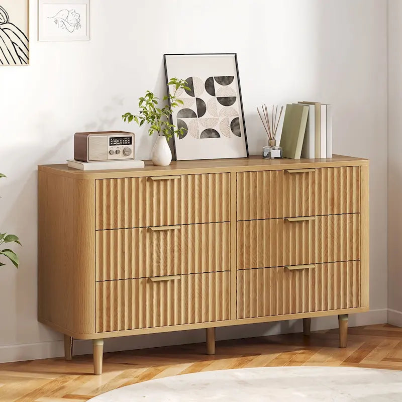 White Fluted 6-Drawer Dresser with Gold Handles