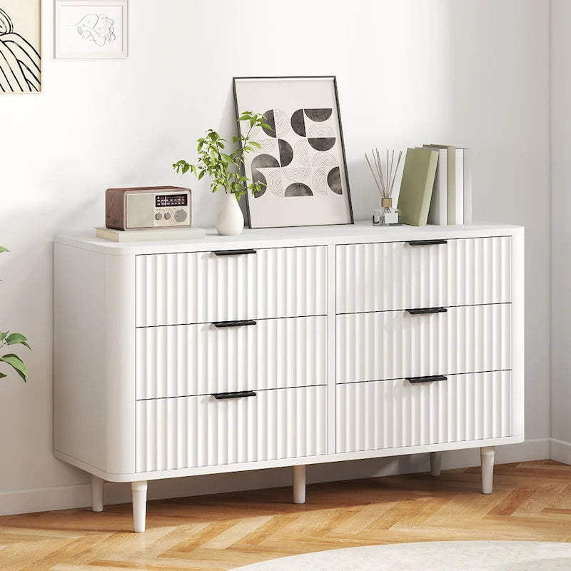 White Fluted 6-Drawer Dresser with Gold Handles