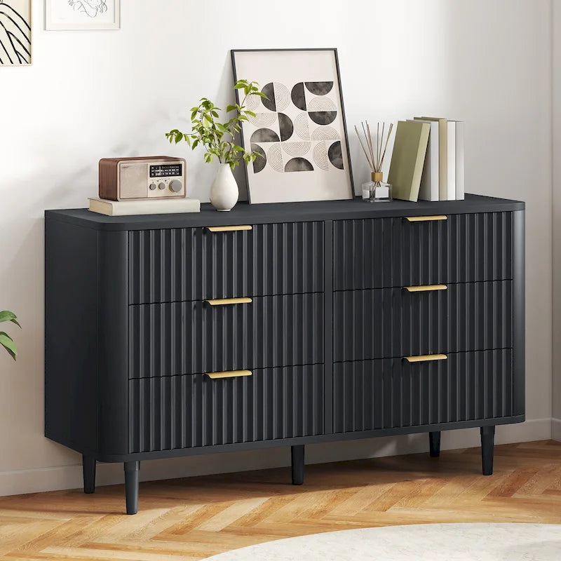 White Fluted 6-Drawer Dresser with Gold Handles