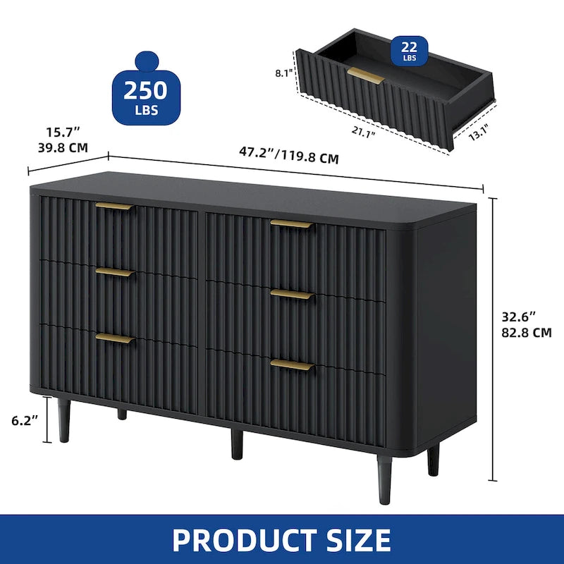 White Fluted 6-Drawer Dresser with Gold Handles