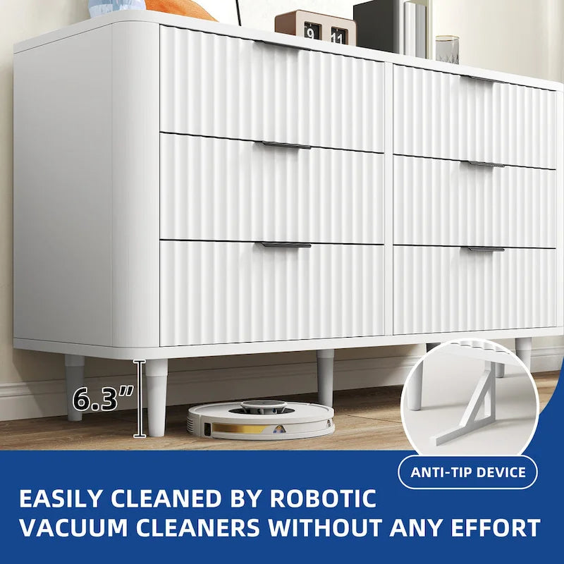 White Fluted 6-Drawer Dresser with Gold Handles