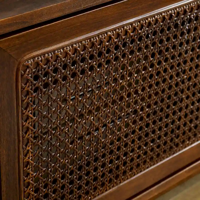 Walnut 59 TV Stand with Open Shelves and Rattan Cabinet Doors for TVs Up to 65