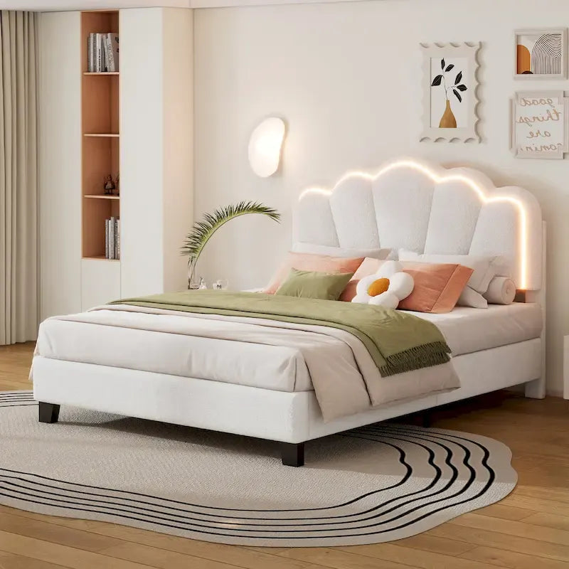 White Full Size Sherpa Upholstered Bed with Floral Headboard