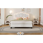 White Full Size Sherpa Upholstered Bed with Floral Headboard