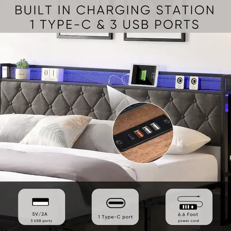 Grey King Bed with Storage Headboard