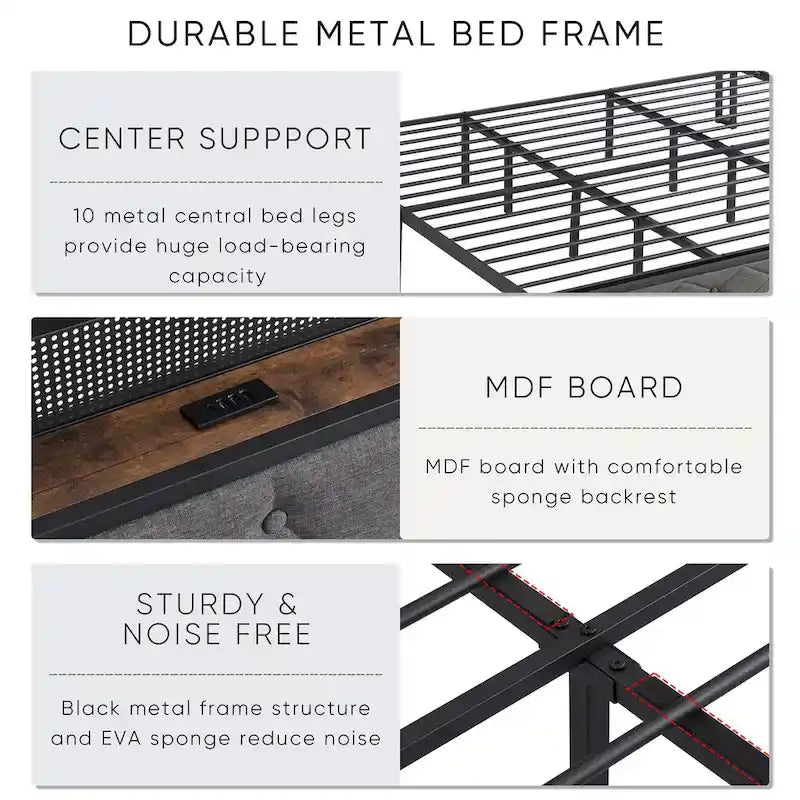Grey King Bed with Storage Headboard