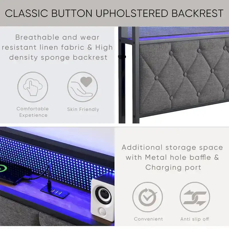 Grey King Bed with Storage Headboard