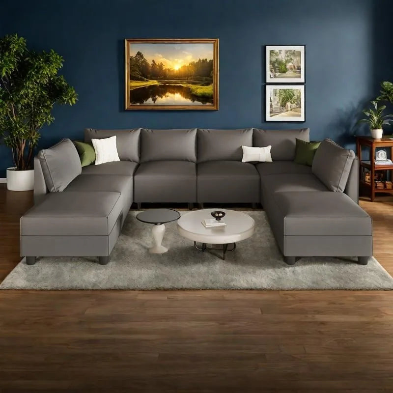 Beige Linen U-Shaped Sectional Sofa 8-Seater