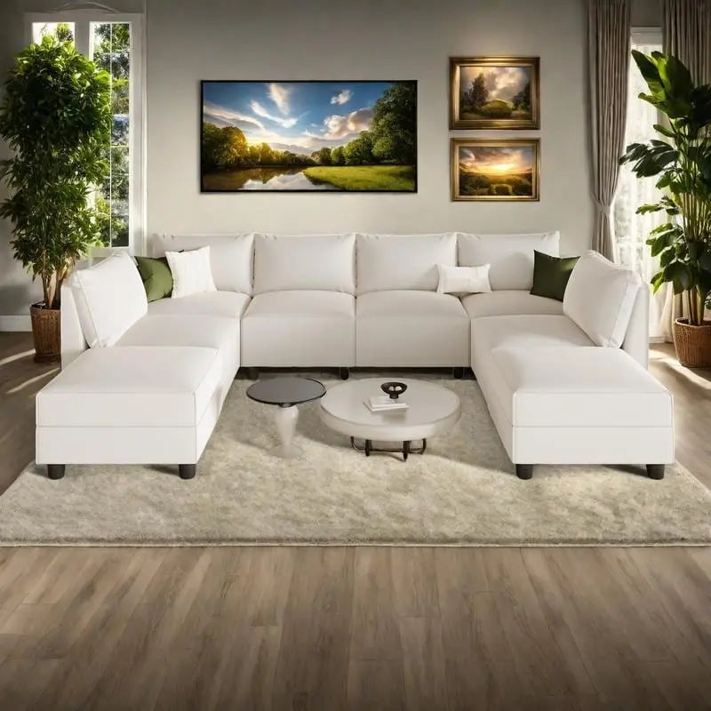 Beige Linen U-Shaped Sectional Sofa 8-Seater