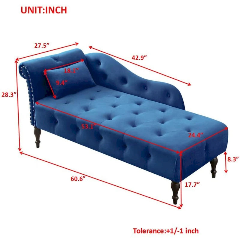 Modern 60.6 Velvet Upholstered Buttons Tufted Chaise Lounge Chair with Solid Wood Legs and Nailheads
