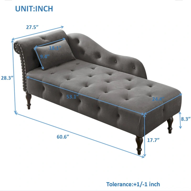 Modern 60.6 Velvet Upholstered Buttons Tufted Chaise Lounge Chair with Solid Wood Legs and Nailheads
